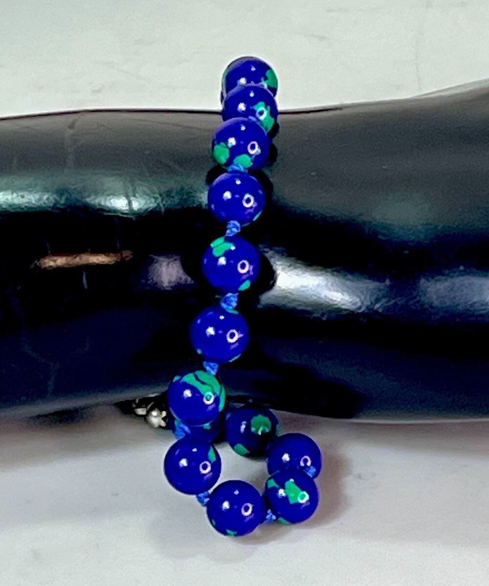 VTG Azurite 6mm Beaded Bracelet Knotted Silver Tone Clasp 8” 11.7g
